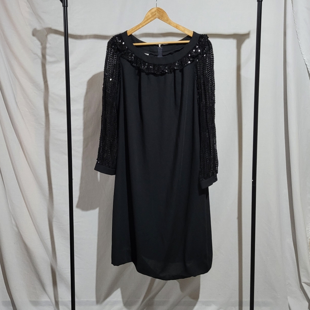 Kohler dress vintage sheer black evening sequins 1970s shift midi plus size XL